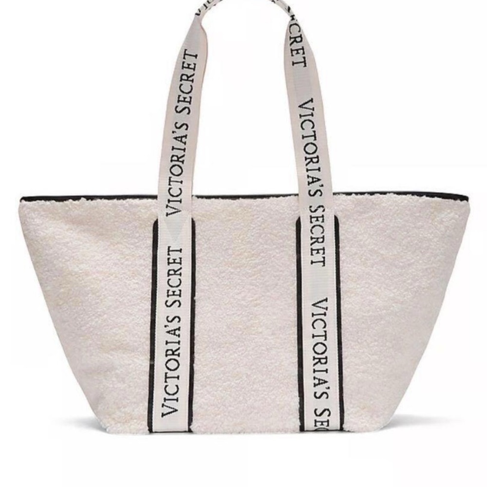 NWT Victoria's Secret White Sherpa Tote with Logo Straps